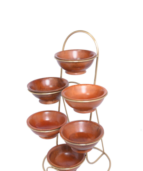 6 Wooden Bowl with Metal Frame Stand – Gold Finish