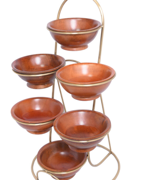 6 Wooden Bowl with Metal Frame Stand – Gold Finish