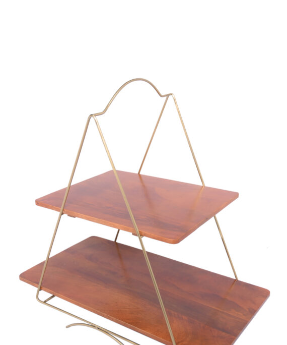 2-Tier Rectangular Wooden Serving Stand with Gold Triangle Frame