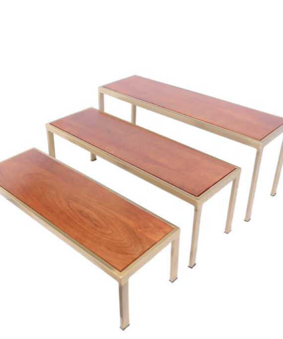 Set of 3 Rectangular Wooden Display Risers with Gold Metal Frame