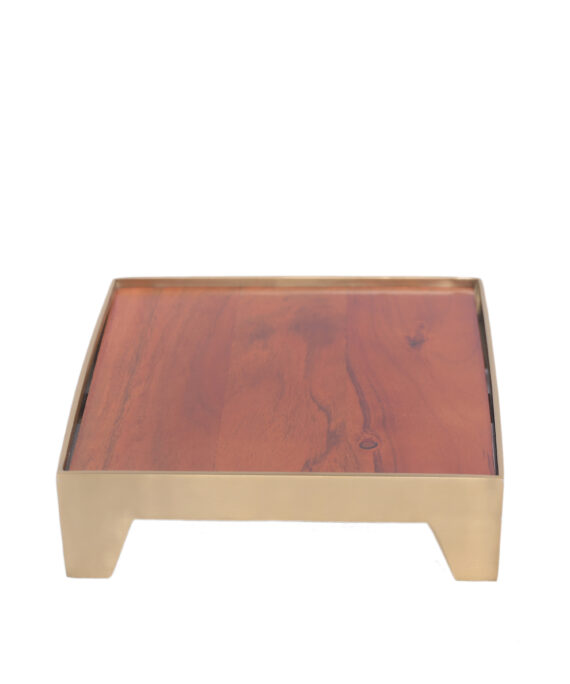 Square Wooden Riser with Gold Metal Frame – Contemporary Display Stand