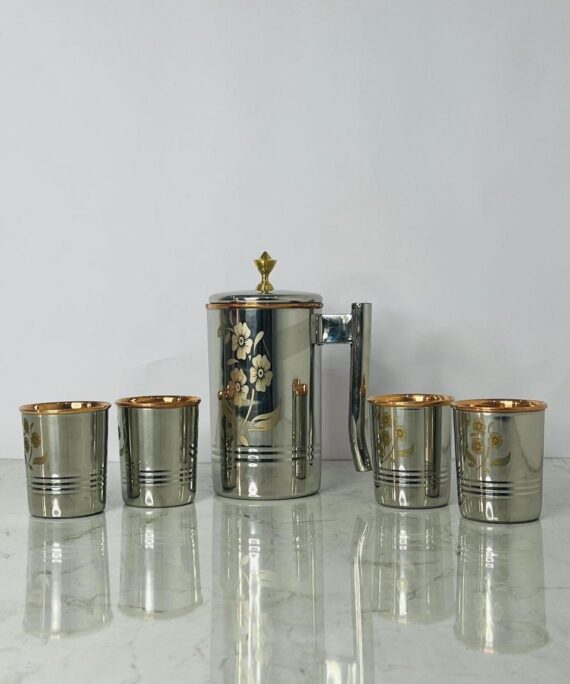 Stainless Steel & Copper Water Jug Set – Floral Design (6-Piece Set)