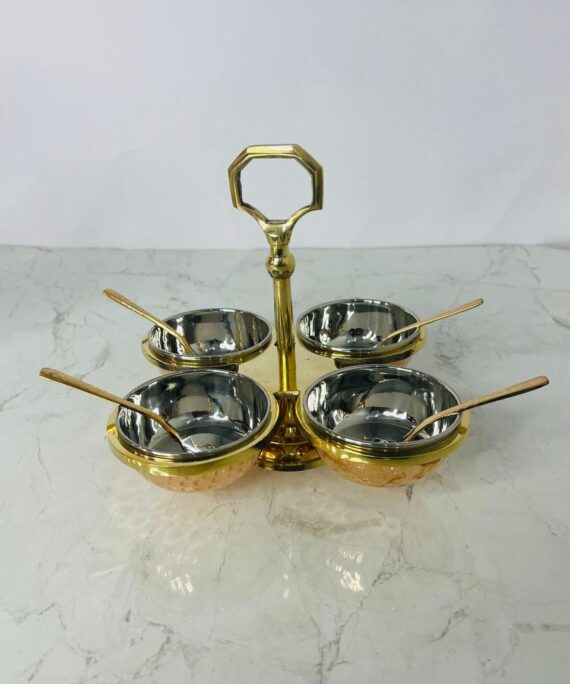 Elegant 4-Bowl Brass & Stainless Steel Dry Fruit / Condiment Server with Handle & Spoons