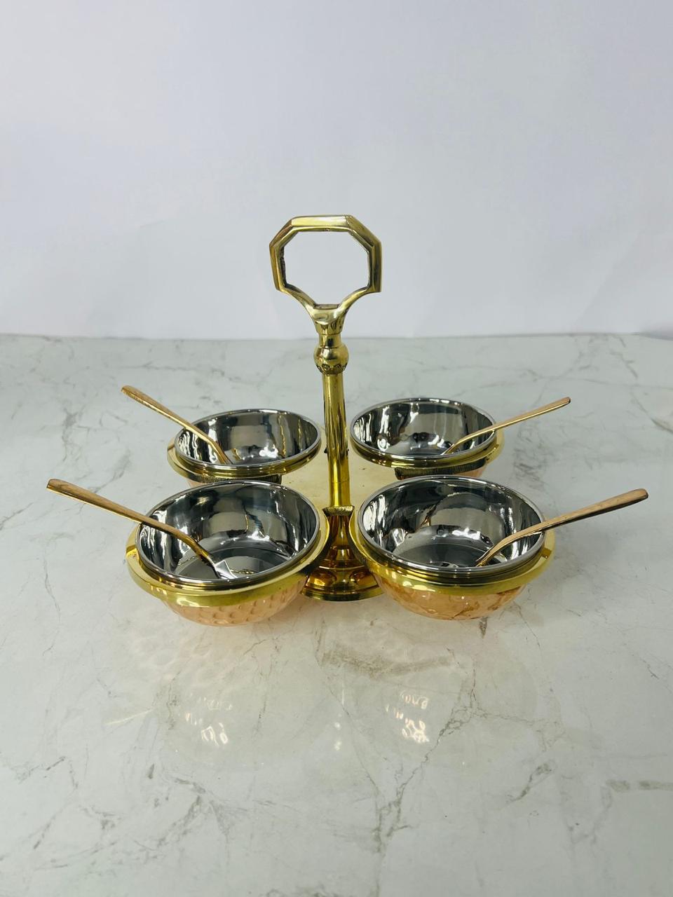 Elegant 4-Bowl Brass & Stainless Steel Dry Fruit / Condiment Server with Handle & Spoons