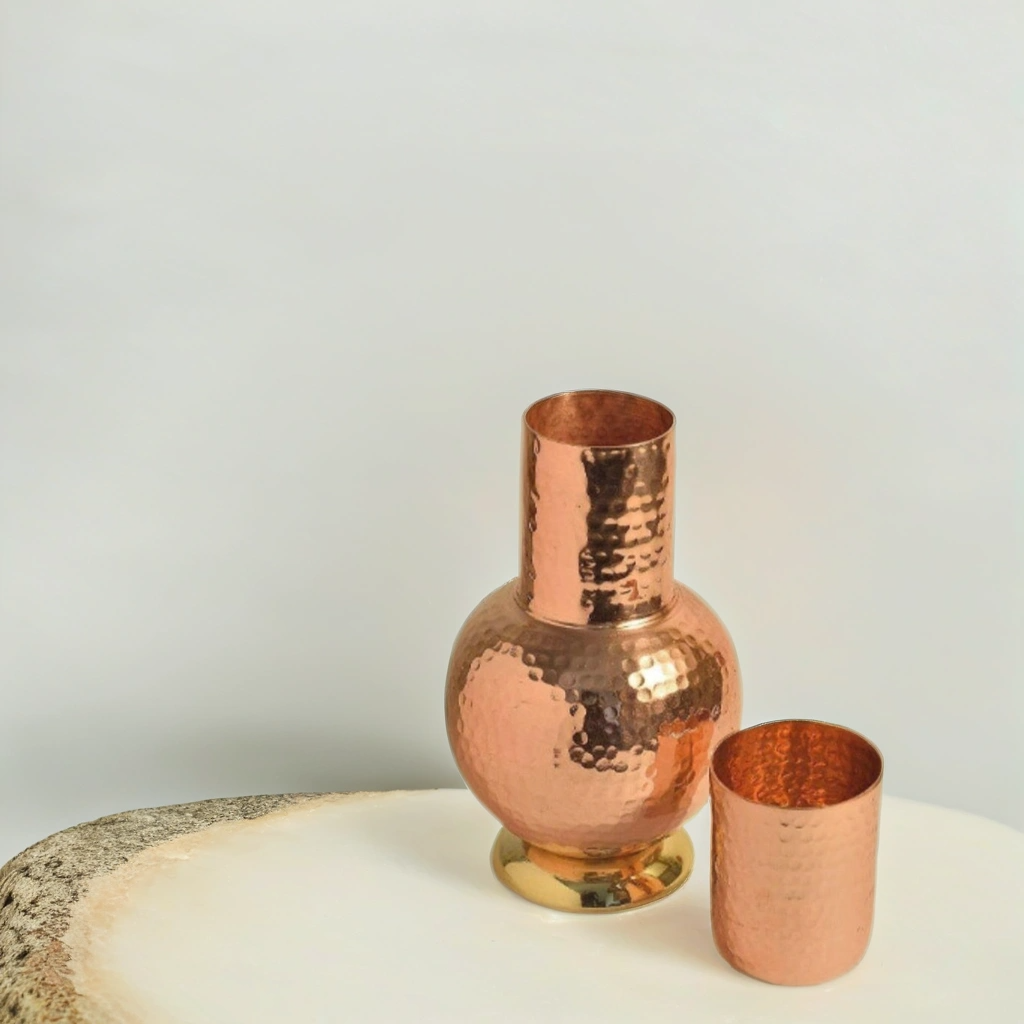 Handcrafted Pure Copper Water Matka Set – 1 Matka + 1 Tumbler | Hammered Finish